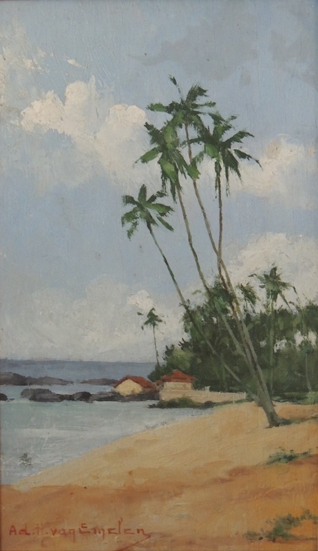 Van Emelen Adrien Beira do mar com palmeiras e casas